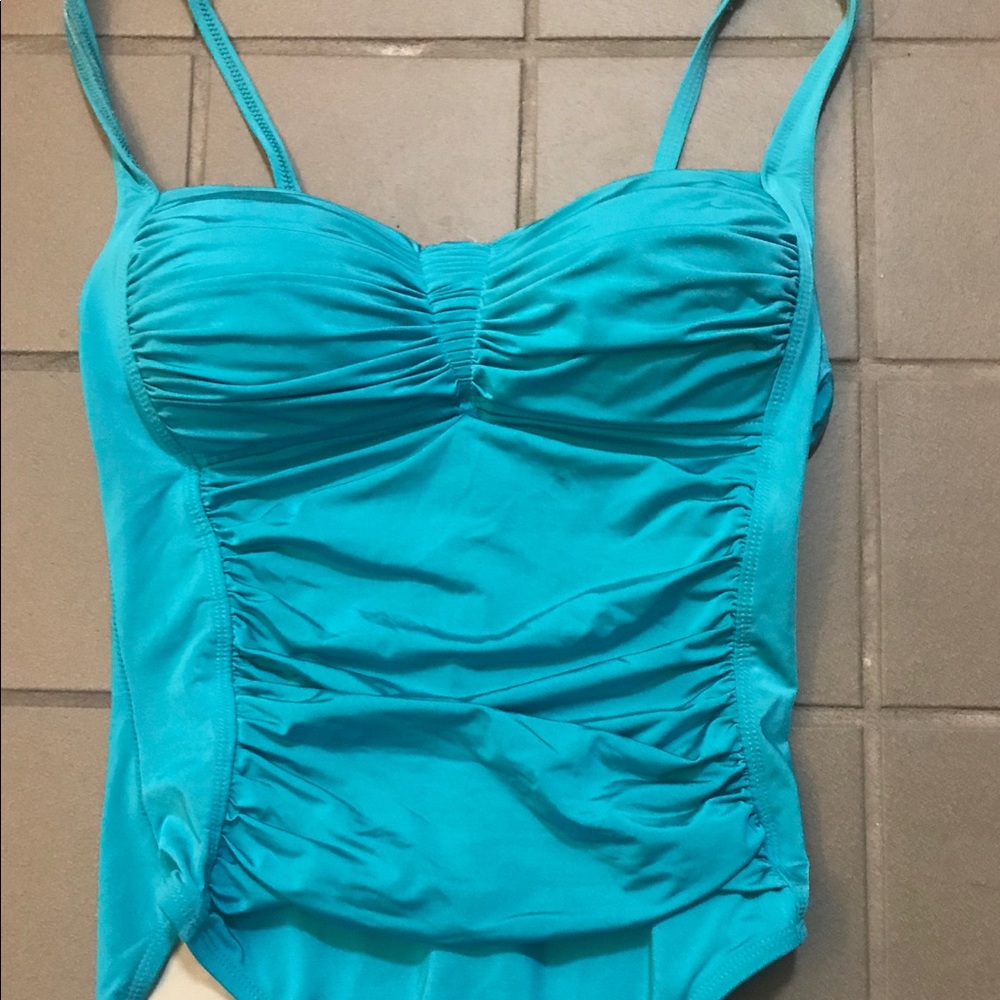 Teal blue ruched one piece swimsuit